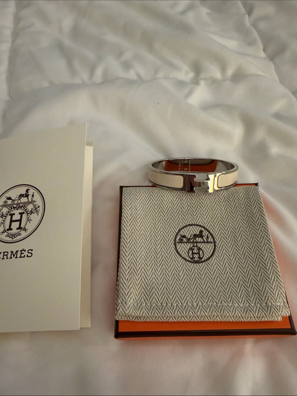 Hermes White Enamel and Palladium Clic H Bracelet